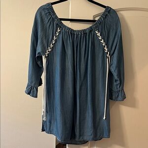 Denim Blue Off-Shoulder Peasant Tunic with Lace-Up Detail